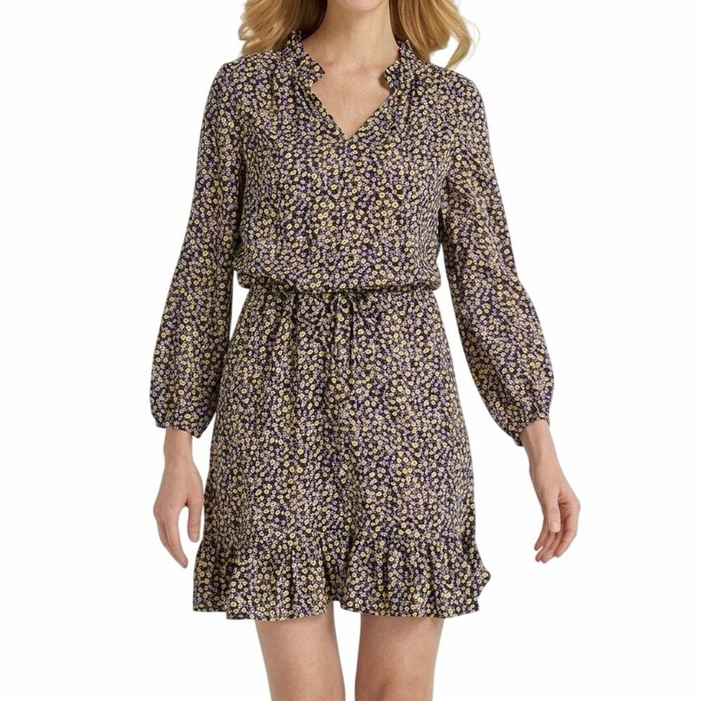 Draper James Ditsy Floral Popover Dress XS Yellow Pink Ruffle Boho Mini